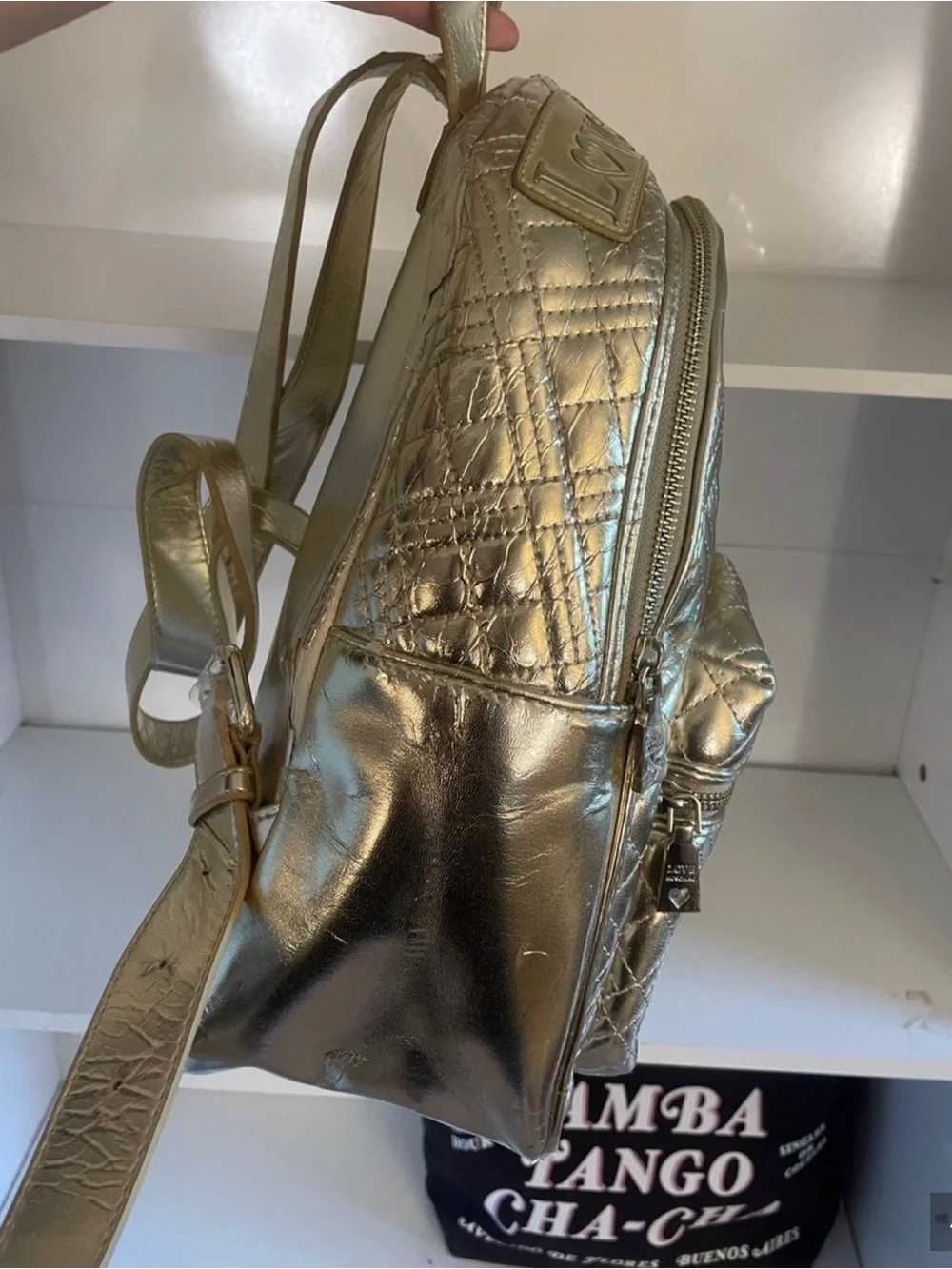 Love Moschino Metallic Gold Quilted Mini Backpack